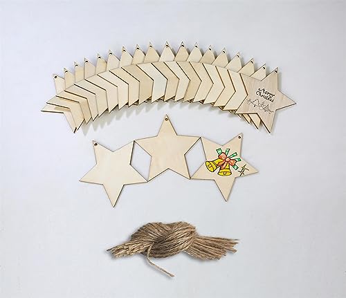 Meetppy 50 Pieces 3.13 Inch Stars Shape Unfinished Wood Cutouts Crafts Blank Natural Wood Hanging Ornaments with Twines for DIY Crafts Home - WoodArtSupply