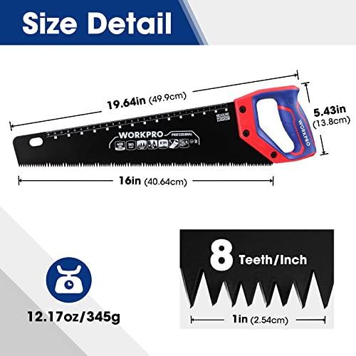 WORKPRO Hand Saw, 16-Inch Universal Handsaw with Non-Slip Comfortable Handle, Anti-rust Wood Saw With Chip Removal Design, Heavy-Duty Hand Saw for - WoodArtSupply