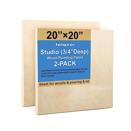 Unfinished Birch Wood Canvas Panels Kit, Falling in Art 2 Pack of 20 x20’’ Studio 3/4’’ Deep Cradle Boards for Pouring Art, Crafts, Painting, and Falling in Art