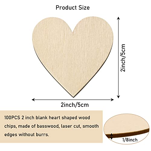 2-Inch Wooden Hearts for Crafts, 100 Pcs Heart Shaped Wood Sheets, Christmas Wood Decorations for Tree, Blank Unfinished Wood Ornaments for Wedding,