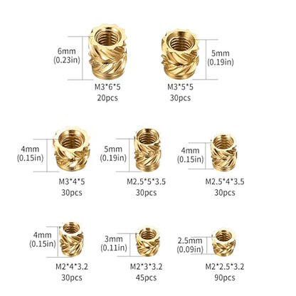 qxayxa 305 Pcs Knurled Thread Insert Nuts, Brass Threaded Inserts, M2 M2.5 M3 Female Thread Heat Set Inserts, Embedment Nuts Inserts Kit Pressed Fit - WoodArtSupply