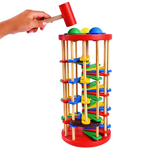 Deluxe Knock, Pound and Roll Wooden Tower Toy with Hammer - Educational Toddler Toys, Wooden Pounding Tower