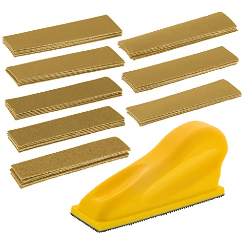 Dura-Gold Micro Hand Sanding Block Kit, 3.5” x 1” Pad, Hook & Loop Backing, 40 Sandpaper Sheets, 5 Each 60, 80, 120, 180, 220, 320, 400, 600 Grit - Dura-Gold