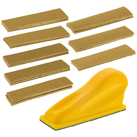 Dura-Gold Micro Hand Sanding Block Kit, 3.5” x 1” Pad, Hook & Loop Backing, 40 Sandpaper Sheets, 5 Each 60, 80, 120, 180, 220, 320, 400, 600 Grit - Dura-Gold
