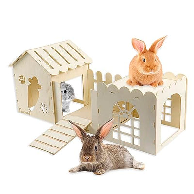 Large Rabbit Wooden Castle Hideout, Multi-Chamber Small Animal Wooden House Cage, Bunny Playhouse Habitat Decor Tunnel for Dwarf Rabbit Guinea Pig