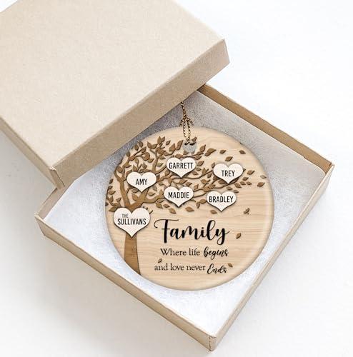 Family Where Life Begins and Never Ends Personalized 3 Inch Ceramic Christmas Ornament With Gift Box (5 Names) - WoodArtSupply