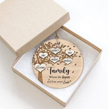 Family Where Life Begins and Never Ends Personalized 3 Inch Ceramic Christmas Ornament With Gift Box (5 Names) - WoodArtSupply