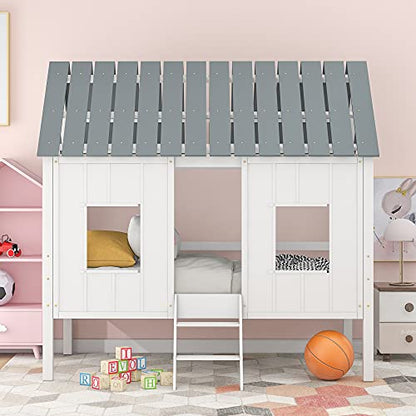 Merax Twin Size Low Loft Wooden House Bed with Roof and Windows in White and Grey - WoodArtSupply