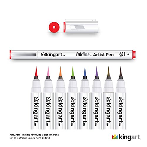 KINGART 440-8 PRO Inkline Color Micro Line & Precision Graphic Pens, 8 Colors, Fine Pt. Brush Nibs, Archival Waterproof Japanese Ink for Art, KINGART