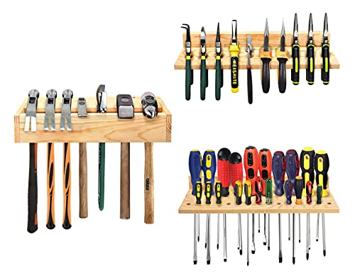 3 Pack Tool Organizers and Storage, Wooden Screwdriver Organizer Wall Mount, Pliers Rack Hammer Screwdriver Holder Tool Rack for Garage Shed Workshop stepstall