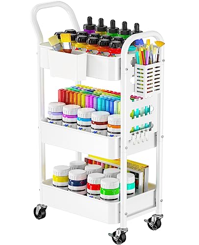 Pipishell 3-Tier Rolling Cart, Metal Utility Cart with Pegboard, Lockable Wheels & U-Shaped Handle, Storage Cart with 2 Hanging Cups & 4 Hooks for - WoodArtSupply