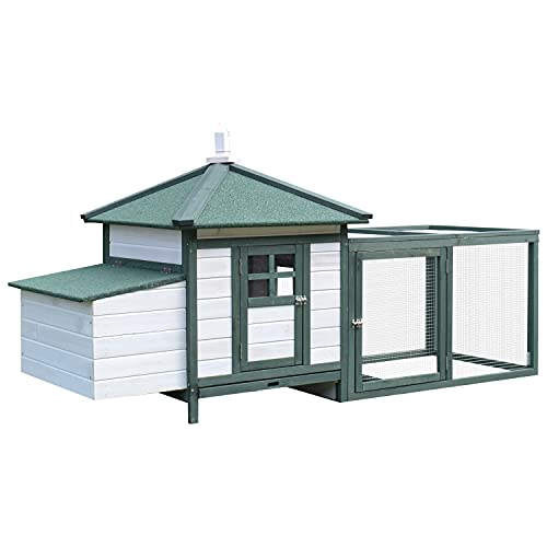 PawHut 77" Wooden Chicken Coop with Nesting Box, Cute Outdoor Hen House with Removable Tray, Ramp Run, for Garden Backyard, Green PawHut