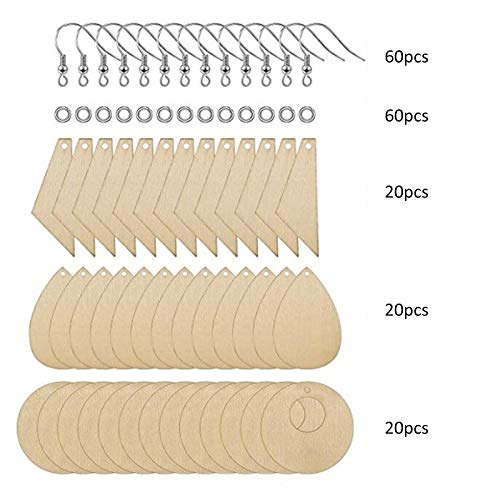 60 Pieces Unfinished Wooden Earrings Blank, Teardrop Tapered Round Earrings Pendants with 60 Pieces Earring Hooks and 60 Pieces Jump Rings for HERCHR