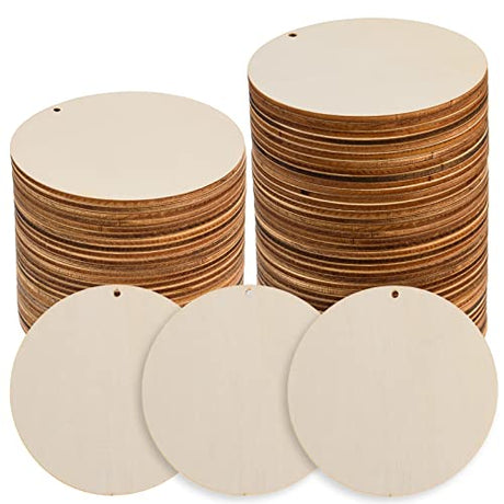 150 Pcs 4 Inch Unfinished Rounds Wood Circles with Holes Wooden Tags Round Wood Discs Cutouts for Crafts Natural Blank Wood Circle Ornaments Hanging AWIZOM