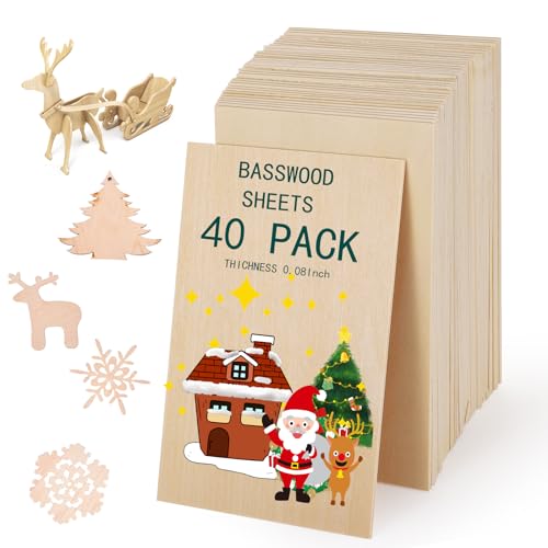 40Pack Basswood Sheets 1/16, Balsa Wood Sheets Thin Plywood Wood Sheets for Crafts Projects, Laser, Painting, Wood Burning,Wood Engraving Christmas