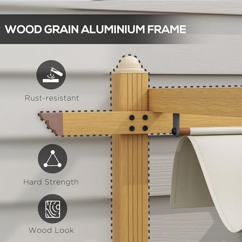 Outsunny 10' x 12' Retractable Pergola Canopy, Wood Grain Aluminum Pergola, Outdoor Sun Shade Shelter for Grill, Garden, Patio, Backyard, Deck, Cream Outsunny