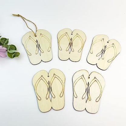 30PCS Unfinished Slipper Wood DIY Crafts Cutouts Wooden Flip Flop Shaped Hanging Ornaments with Hole Hemp Ropes Gift Tags for Hawaii Summer Holiday