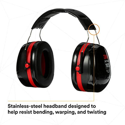 3M H10A Peltor Optime 105 Over the Head Earmuff, Ear Protectors, Hearing Protection, NRR 30 dB,Black, Red - WoodArtSupply