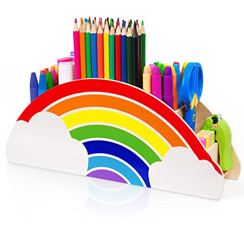 GAMENOTE Wooden Pen Holder & Pencil Holders - Rainbow Supply Caddy Phone Holder Desk Organizer for Office Supplies Makeup Brush Classroom - WoodArtSupply