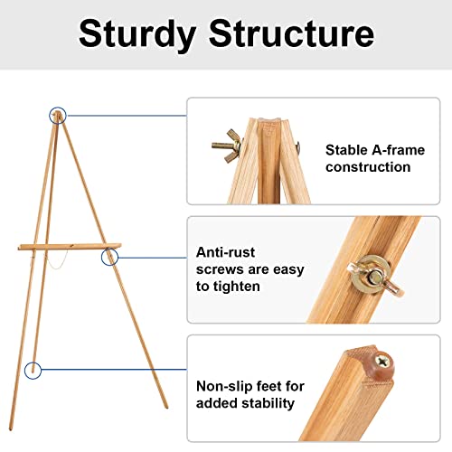 Falling in Art 65" A-Frame Tripod Easel Stand, Wooden Display Easel with Adjustable Canvas Holder, Floor Easel for Wedding Signs, Posters, Paintings, - WoodArtSupply