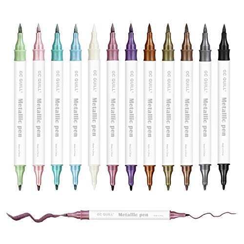  GC QUILL 12 Colors Metallic Marker Pens - Dual Tip Brush and  Fine Point Pens for DIY Album, Black Cards, Scrapbooking, Craft Supplies,  on Ceramic, Stone, Glass, Fabric GC-MP12 