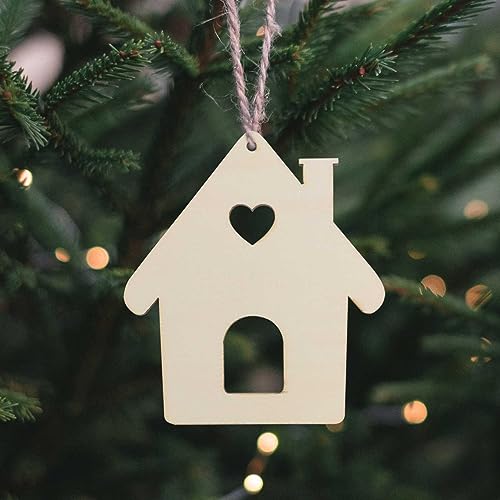 Creaides 20pcs House Wood DIY Crafts Cutouts Wooden House Shaped Hanging Ornaments with Jute Twines Gift Tags for Wedding Birthday Christmas Party