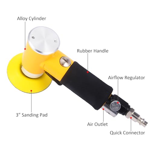 ZHONG AN 2"3" Mini Air Sander Pneumatic Random Orbital Sander, High Speed Pneumatic Palm Sander Air Polisher for Auto Body Work, Woodworking Yellow - WoodArtSupply