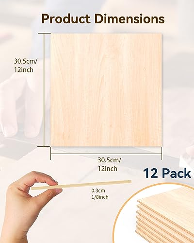 12 Pack Basswood Sheets for Crafts-12 x 12 x 1/8 Inch- 3mm Thick Plywood Sheets with Smooth Surface-Unfinished Craft Wood Boards for Laser Engraving - WoodArtSupply