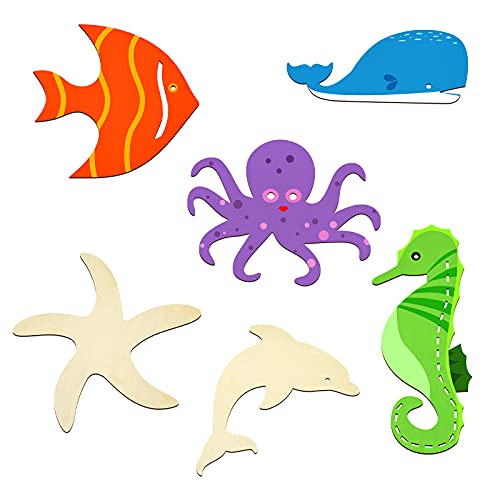 WILLBOND Unfinished Wood Cutouts Ocean Animals Wooden Paint Crafts for Kids Home Decor Ornament DIY Craft Art Project, Octopus, Shark, Whale, WILLBOND