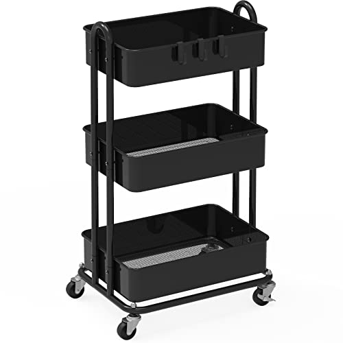 SimpleHouseware Heavy Duty 3-Tier Metal Utility Rolling Cart, Black - WoodArtSupply