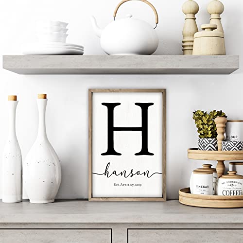 Framed Wooden Family Name Sign Personalized Wood Monogram Choose from Four Sizes (12" x 18", Weathered Grey Frame, White Background) - WoodArtSupply