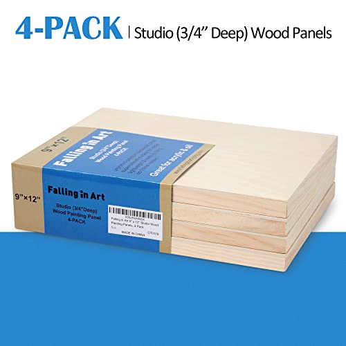 Falling in Art Unfinished Birch Wood Canvas Panels Kit, Falling in Art 4 Pack of 9x12’’ Studio 3/4’’ Deep Cradle Boards for Pouring Art, Crafts, Falling in Art