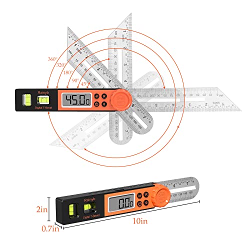 Digital Angle Finder Protractor 0-360 Degree T-Bevel Gauge & Protractor with Horizontal Vertical Bubble & Full LCD Display for Woodworking, Rainyb