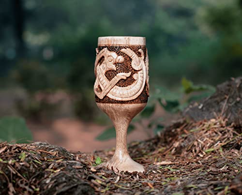 Handmade 6oz Wooden Wine chalice for Men Women (Jörmungandr Style) with Hand Pyrography Woodburning - Viking-Style Drinking Vessel| Tankard| Wood - WoodArtSupply