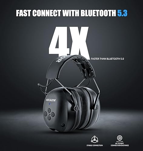 Hocazor HZ07 Upgrade Bluetooth 5.3 Hearing Protection - NRR 25dB Noise Cancelling Earmuffs 40 Hours+ Playing Time with 1500mAh Rechargeable Battery Hocazor