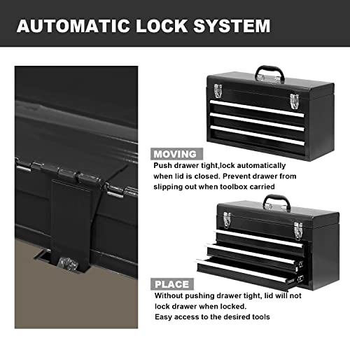 BIG RED 3 Drawer 20“ Metal Tool Box Portable Steel Tool Chest with Metal Latch Closure for Garage, Home and Workbench,Black,ANTBD133-XT - WoodArtSupply