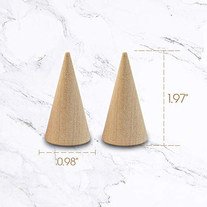 Framendino, 10 Pack Natural Wood Cone Ring Holder Finger Jewelry Display Stand Organizer DIY Craft Wooden Cone (Vertical Shaped)