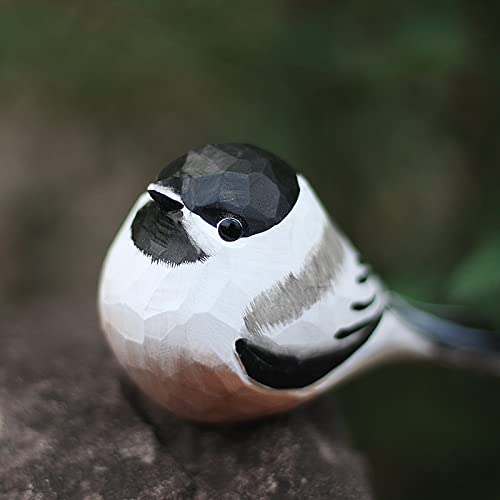 Hand Carved Wooden Black-Capped Chickadee Bird Figurine Wood Bird Statue for Home Decor - WoodArtSupply