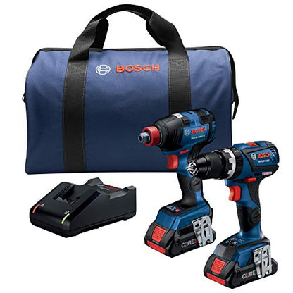 BOSCH GXL18V-251B25 18V 2-Tool Combo Kit with 1/4 In. and 1/2 In. Two-In-One Impact Driver, Compact Tough 1/2 In. Hammer Drill/Driver and (2) CORE18V - WoodArtSupply