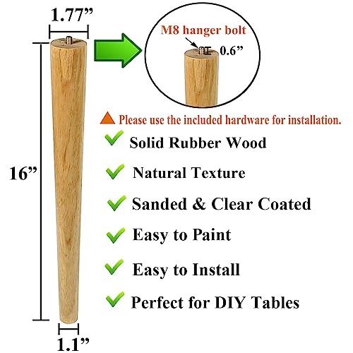 Sopicoz Table Legs 16 inch Wood Furniture Legs for Coffee Table End Table Mid-Century Modern DIY Furniture Tapered Natural Threaded M8 Hanger Bolts - WoodArtSupply