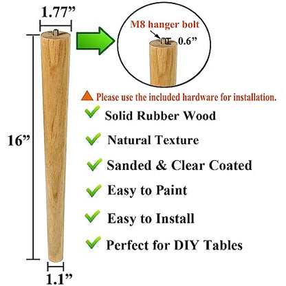 Sopicoz Table Legs 16 inch Wood Furniture Legs for Coffee Table End Table Mid-Century Modern DIY Furniture Tapered Natural Threaded M8 Hanger Bolts - WoodArtSupply