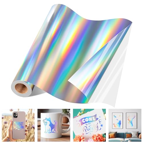 JAVIGA Holographic Silver Permanent Vinyl, 12" x 6FT Adhesive Vinyl Roll for All Cutting Machine, Cricut, Silhouette, Cameo Cutters, Home Outdoor JAVIGA