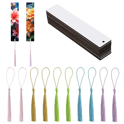 Sublimation Blank Bookmarks 10Pcs Double-Side Heat Transfer Wooden Craft Book Marker with 10Pcs Colorful Silky Tassels for Birthday Wedding Christmas - WoodArtSupply