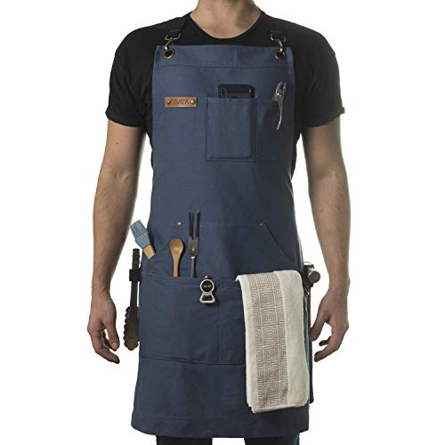 Asaya Chef, BBQ and Work Apron with Bottle Opener and Hand Towel -Durable 10oz Cotton Canvas,Brass Hardware, and Cross Back Straps-Perfect for Men