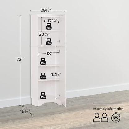 Prepac Elite 29.25" Corner Cabinet with Two Doors, Tall White Storage Cabinet, Corner Cabinet with Doors, Corner Bathroom Cabinet 18.75" D x 29.25" W