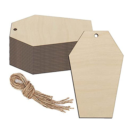 20pcs Halloween Tombstone Shape Wood Crafts DIY Cutouts Coffin Wooden Hanging Gift Tags Ornaments with Ropes for Halloween Christmas Party Decoration JANOU