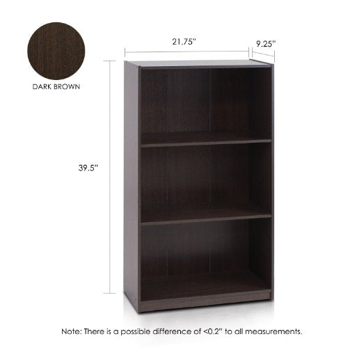 Furinno Basic 3-Tier Bookcase Storage Shelves, Dark Brown FURINNO