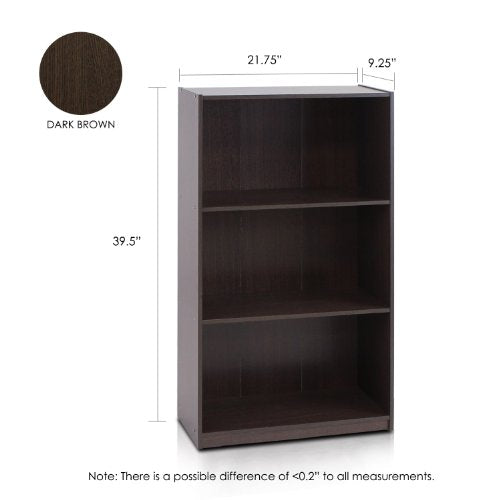 Furinno Basic 3-Tier Bookcase Storage Shelves, Dark Brown