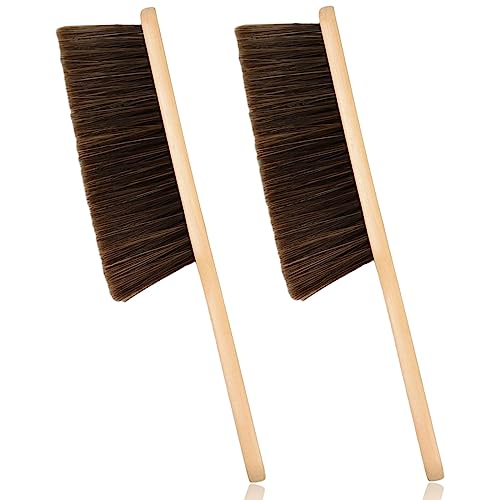 2 Pieces Woooden Dust Brush Hand Broom Bench Brush with Long Wood Handle Whisk Broom Soft Bristle Brush for Counter Bed Sofa Car Fireplace Clothes Dazzhues