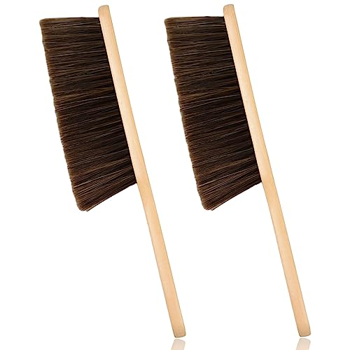 2 Pieces Woooden Dust Brush Hand Broom Bench Brush with Long Wood Handle Whisk Broom Soft Bristle Brush for Counter Bed Sofa Car Fireplace Clothes - WoodArtSupply